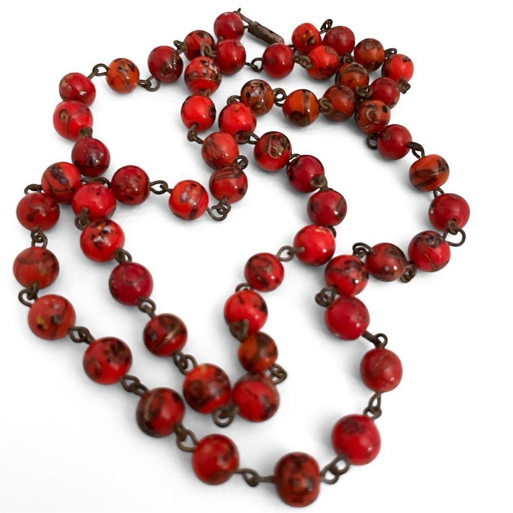Vintage Venetian Millefiori Burnt Orange Glass Bead Necklace